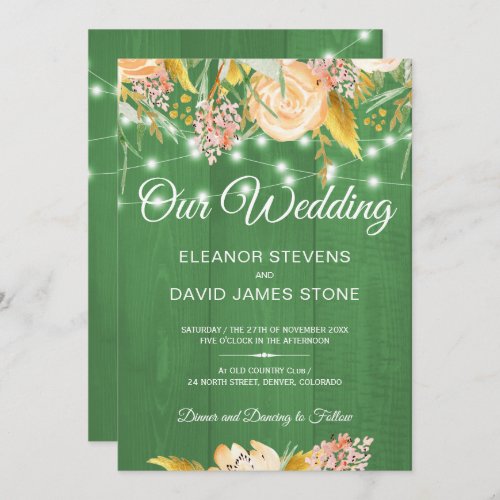 Rustic lights barn wood spring floral wedding invitation