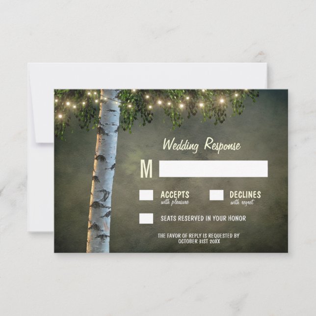 Rustic Lights Birch Bark Tree Wedding RSVP Cards (Front)