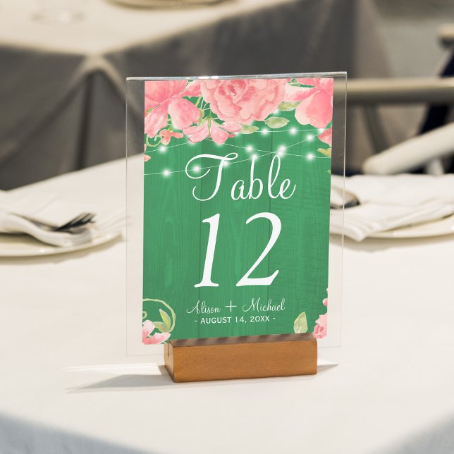 Rustic lights blush pink peonies green wedding table number (Creator Uploaded)