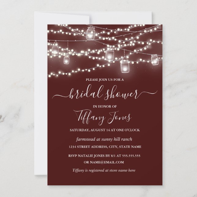 Rustic Lights Burgundy Bridal Shower Invitation (Front)