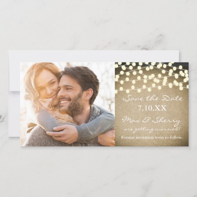 Rustic Lights Burlap Save the Date Photo Card (Front)