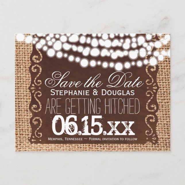 Rustic Lights Burlap Save the Date Postcards (Front)