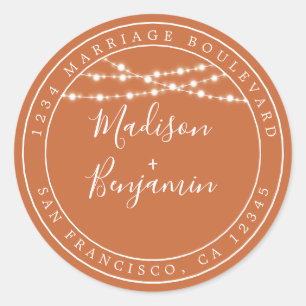 Rustic Lights Burnt Orange Wedding Return Address Classic Round Sticker