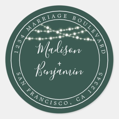 Rustic Lights Dark Green Wedding Return Address Classic Round Sticker