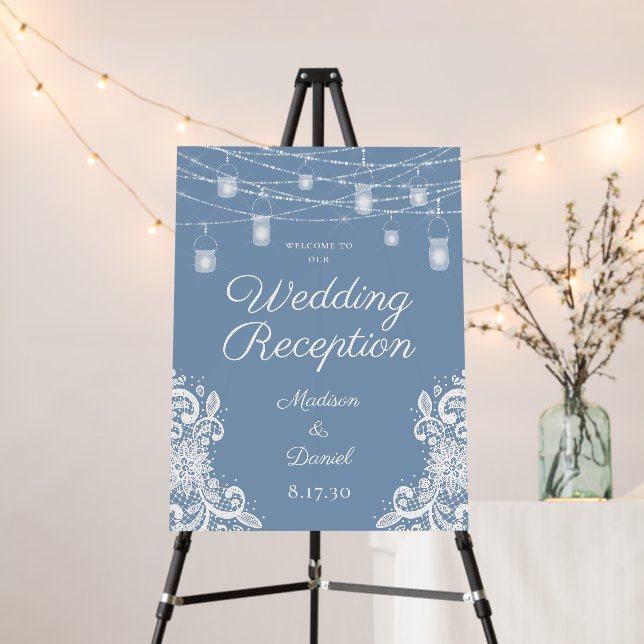 Rustic Lights Dusty Blue Wedding Reception Foam Board (In Situ (Stand))