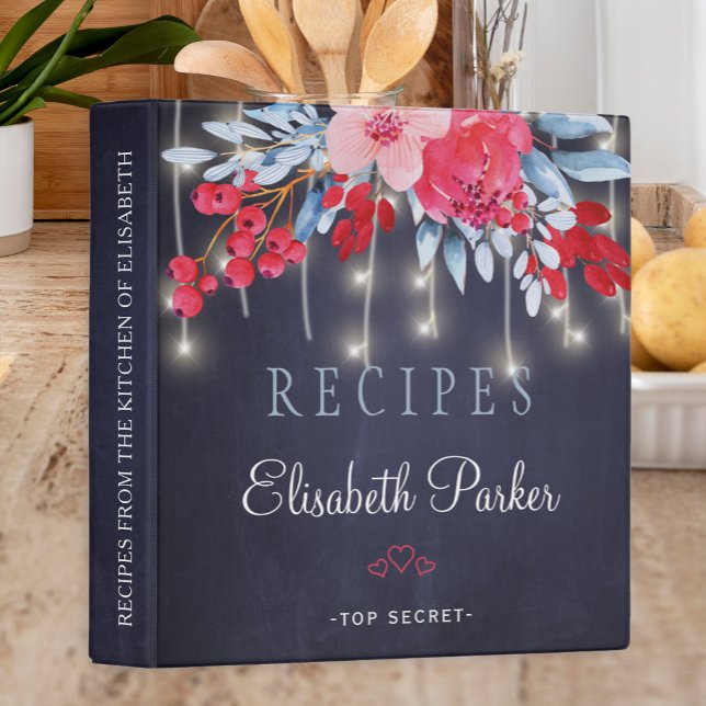 Rustic lights floral navy chalkboard  recipes 3 ring binder (Creator Uploaded)