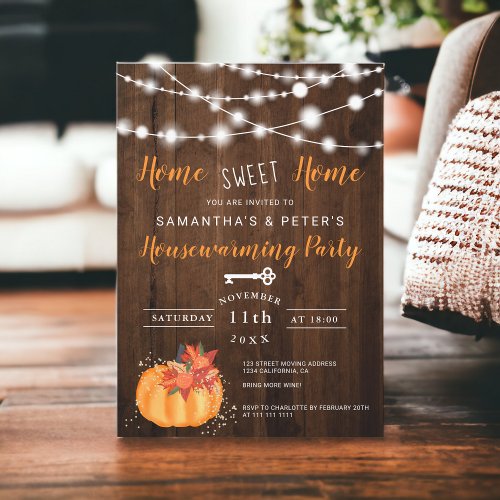 Rustic lights floral pumpkin housewarming party invitation