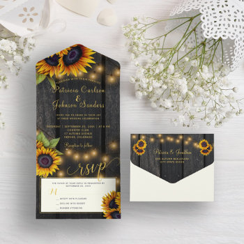 Rustic Lights Gold Sunflowers Barn Wood Wedding All In One Invitation by invitations_kits at Zazzle