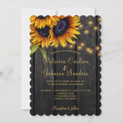 Rustic lights gold sunflowers barn wood wedding invitation