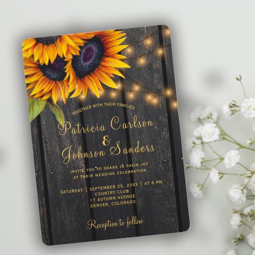 Rustic lights gold sunflowers barn wood wedding invitation