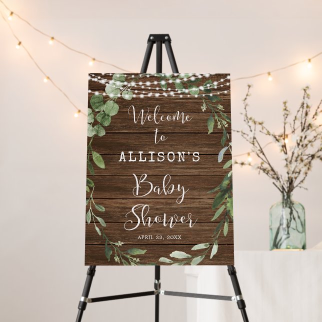 Rustic lights greenery baby shower welcome sign (In Situ (Stand))