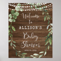 Rustic lights greenery baby shower welcome sign