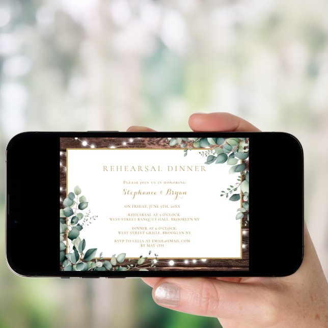 Rustic Lights Greenery Rehearsal Dinner Invitation (Front Digital)