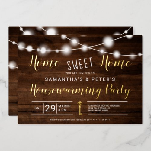Rustic lights home sweet home housewarming party foil invitation