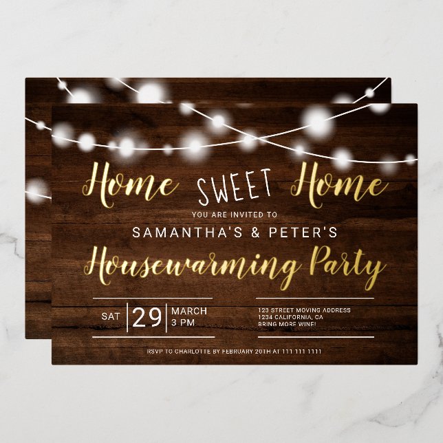 Rustic lights home sweet home housewarming party foil invitation (Front/Back)