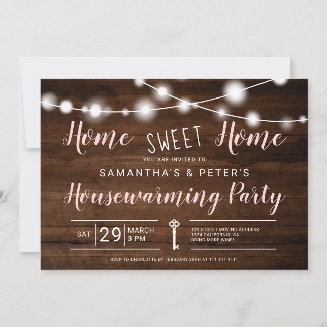 Rustic lights home sweet home housewarming party invitation (Front)