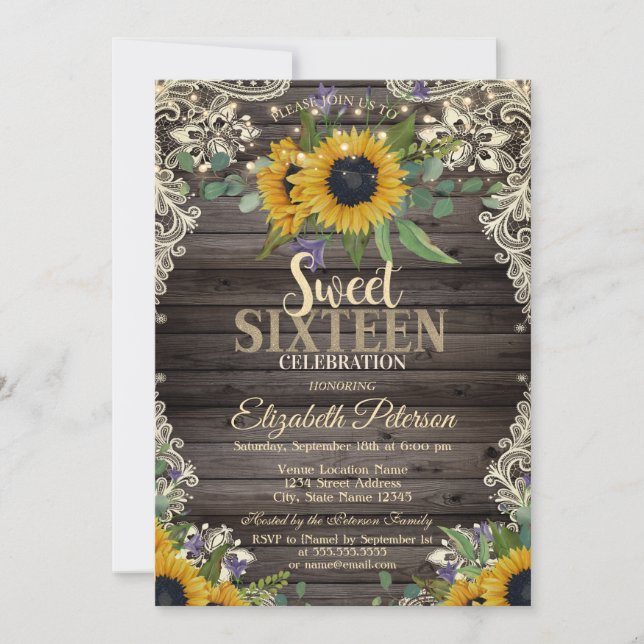 Rustic Lights,Lace Sunflowers Dark Wood Sweet 16  Invitation (Front)