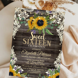 Rustic Lights,Lace Sunflowers Dark Wood Sweet 16 Invitation