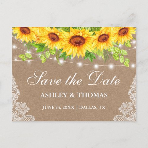 Rustic Lights Lace Sunflowers Kraft Save the Date Announcement Postcard