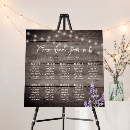 Rustic Lights Lavender 9 Table Seating Chart Foam Board