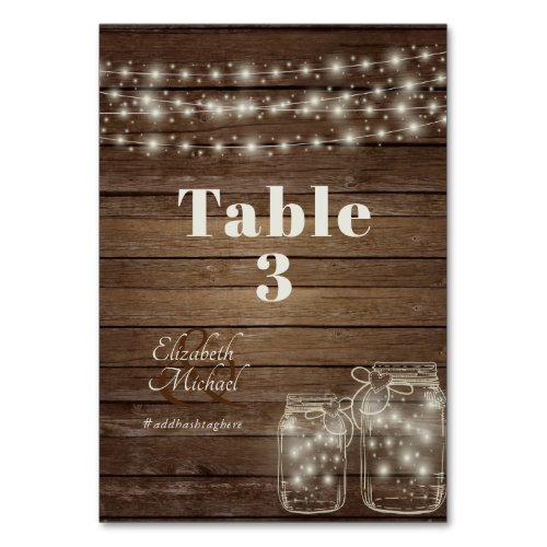 Rustic lights Mason Jar Table Number Card