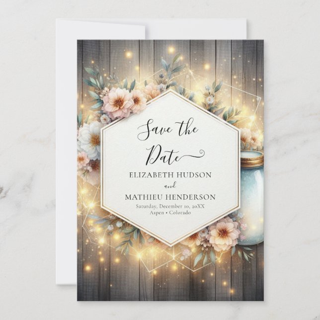  Rustic Lights Mason Jar Wedding Save The Date (Front)