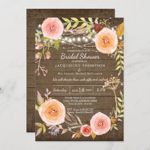 Rustic Lights n Wood Bridal Shower Floral Wreath Invitation