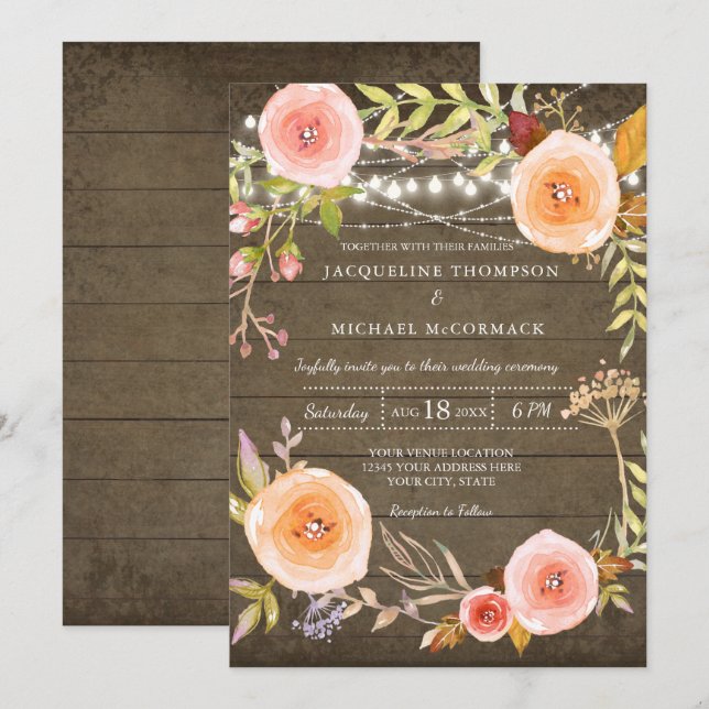 Rustic Lights n Wood Bridal Shower Floral Wreath Invitation (Front/Back)