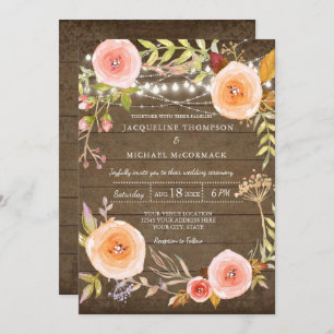 Rustic Lights n Wood Bridal Shower Floral Wreath Invitation