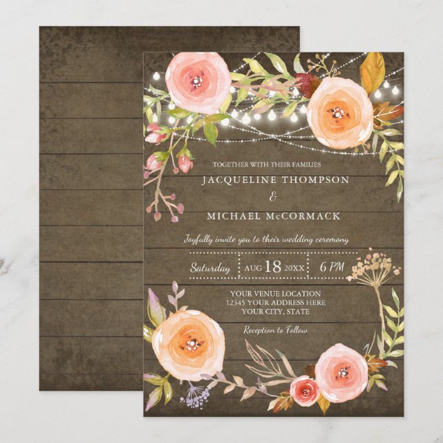Rustic Lights n Wood Bridal Shower Floral Wreath Invitation (Front/Back)