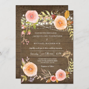 Rustic Lights n Wood Bridal Shower Floral Wreath Invitation