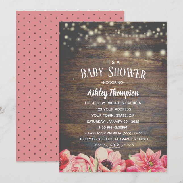 Rustic  Lights Pink and Brown Baby Shower      Invitation (Front/Back)