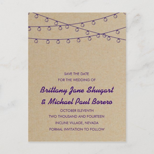 Rustic Lights Purple Save the Date Announcement Postcard (Front)