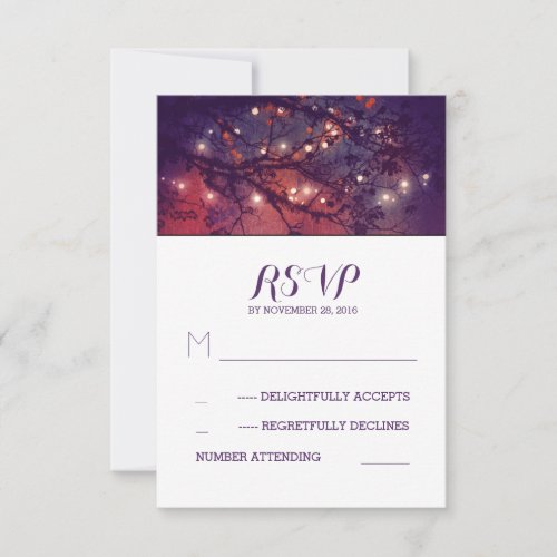 Rustic lights purple wedding RSVP cards