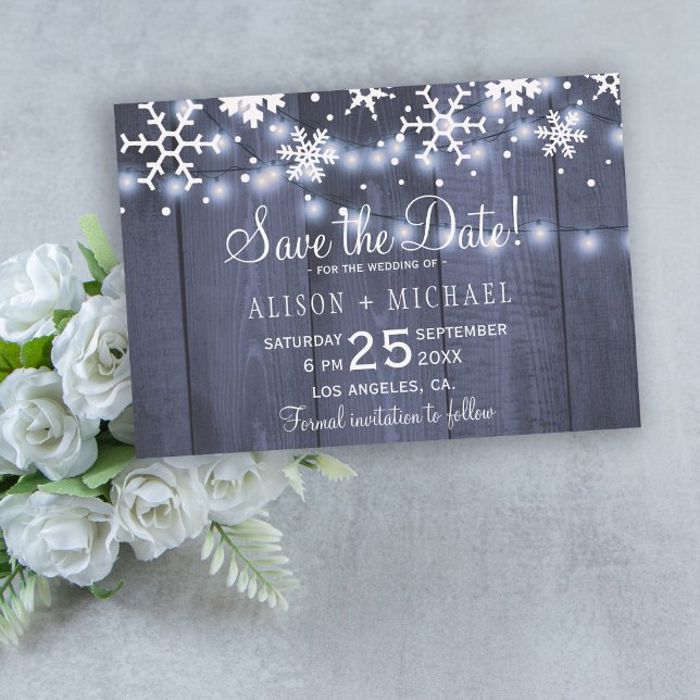 Rustic lights snowflakes winter wedding save date save the date (Creator Uploaded)