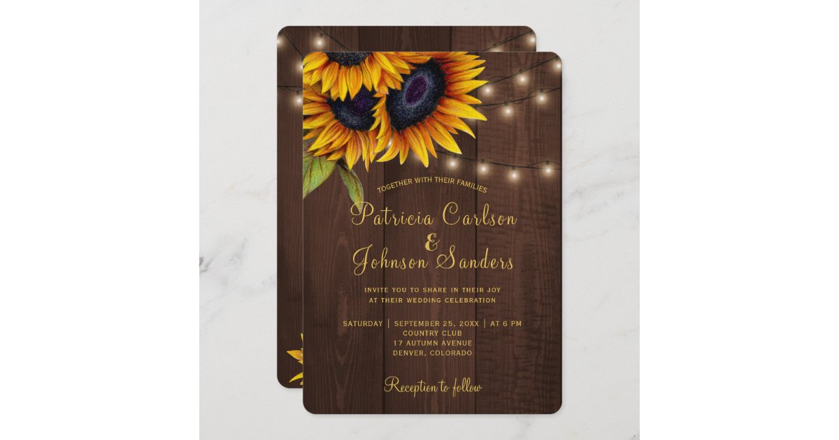 Rustic Lights Sunflower Barn Wood Wedding Invitation