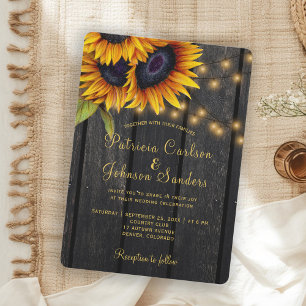 Rustic lights sunflower barn wood wedding invitation