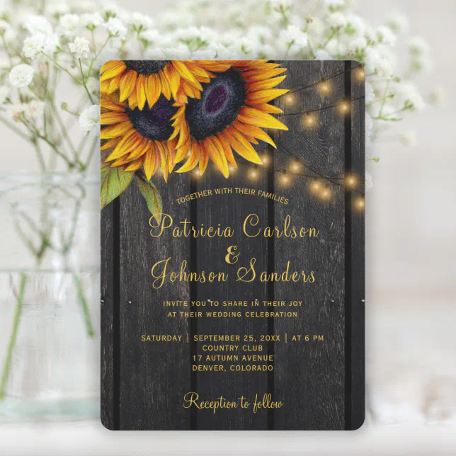 Rustic Lights Sunflower Barn Wood Wedding Invitation Zazzle 0221