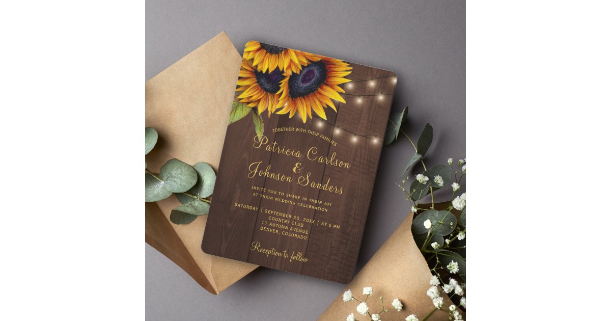 Rustic Lights Sunflower Barn Wood Wedding Invitation Zazzle