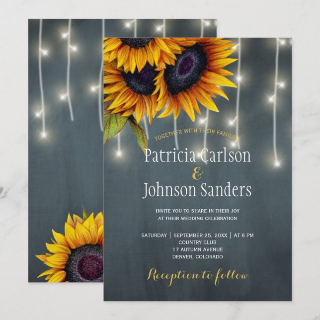 Rustic lights sunflower navy chalkboard wedding invitation (Front/Back)