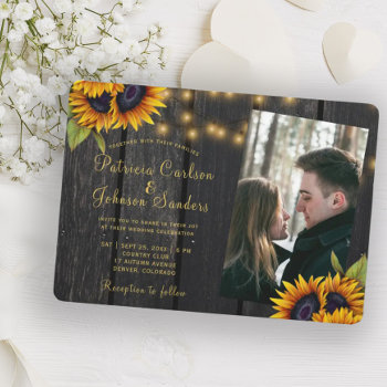 Rustic Lights Sunflower Wood Photo Wedding Invitation by invitations_kits at Zazzle