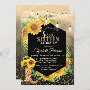 Rustic Lights,Sunflowers Country Sweet 16 Invitation