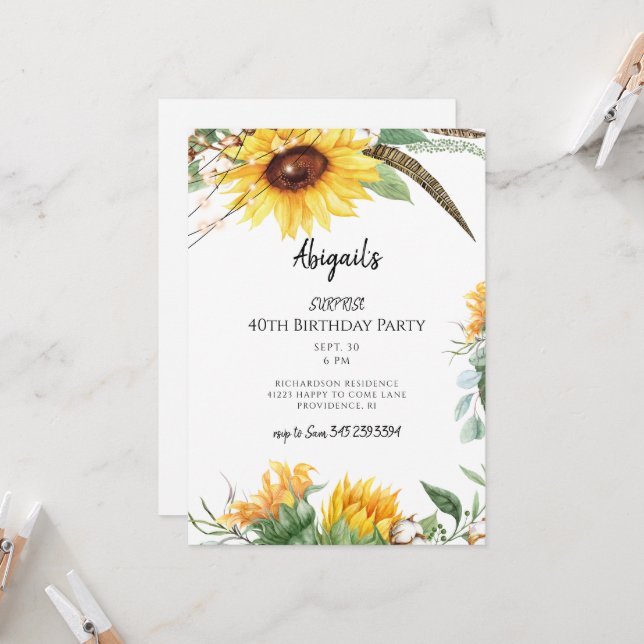 Rustic Lights & Sunflowers Surprise Birthday Party Invitation (Front/Back In Situ)
