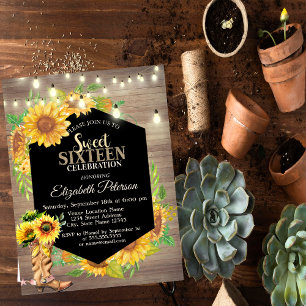 Rustic Lights,Sunflowers Wood Country Sweet 16 Invitation