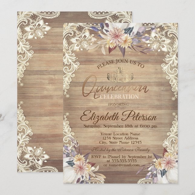 Rustic Lights,Tiara,Lace Pumpkin Flowers Quinceañe Invitation (Front/Back)