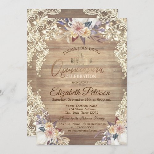 Rustic LightsTiaraLace Pumpkin Flowers Quinceae Invitation