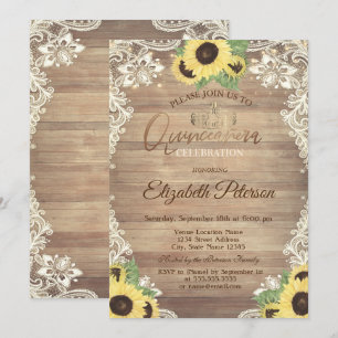 Rustic Lights,Tiara,Lace Sunflowers Quinceañera Invitation
