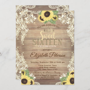 Rustic Lights,Tiara,Lace Sunflowers Sweet 16 Party Invitation
