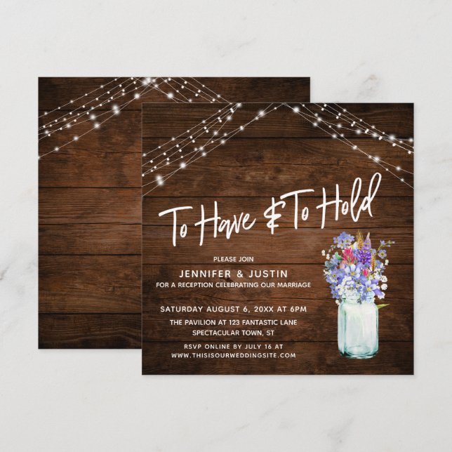 Rustic Lights To Have & To Hold Wildflowers in Jar Invitation (Front/Back)