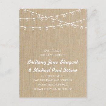 Rustic Lights White Save The Date Announcement Postcard by envelopmentswedding at Zazzle